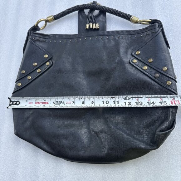 Cole Haan Black Leather Studded Hobo Bag With Brass Hardware & Braided Handle - Picture 9 of 10